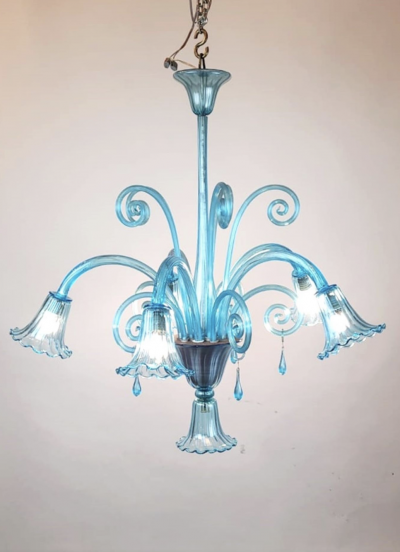Murano Blue Glass Chandelier 5 Arms Of Light 1940s