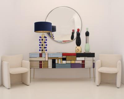 Murano Coloured Glass and Brass Sideboard Composed of 6 Drawers