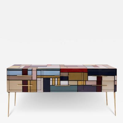Murano Coloured Glass and Brass Sideboard Composed of 6 Drawers