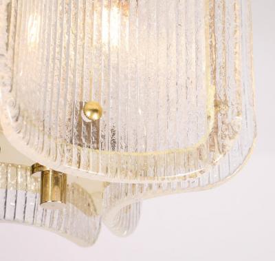 Murano Glass Pendant Chandelier in Clear Textured Glass and Brass Italy
