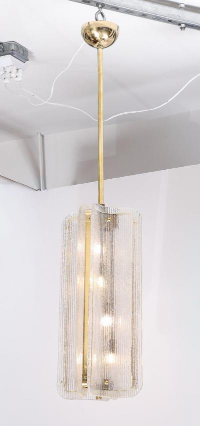 Murano Glass Pendant Chandelier in Clear Textured Glass and Brass Italy