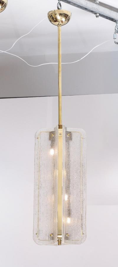 Murano Glass Pendant Chandelier in Clear Textured Glass and Brass Italy