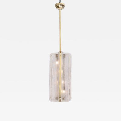 Murano Glass Pendant Chandelier in Clear Textured Glass and Brass Italy