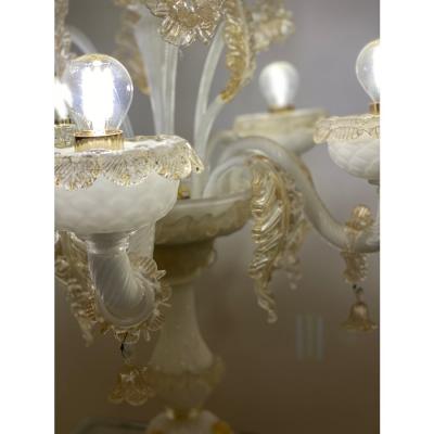 Murano Glass White and Gold Table Lamp With Flowers and Leaves
