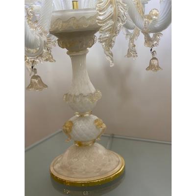 Murano Glass White and Gold Table Lamp With Flowers and Leaves