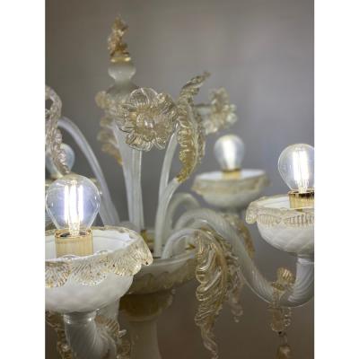 Murano Glass White and Gold Table Lamp With Flowers and Leaves
