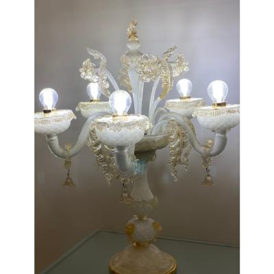 Murano Glass White and Gold Table Lamp With Flowers and Leaves