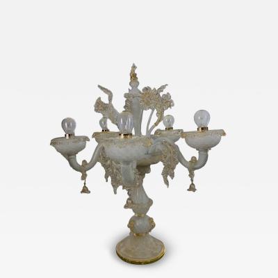 Murano Glass White and Gold Table Lamp With Flowers and Leaves