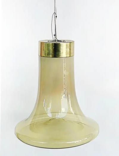 Murano Mid century Brass Glass Bell Shaped Pendant Light Fixture