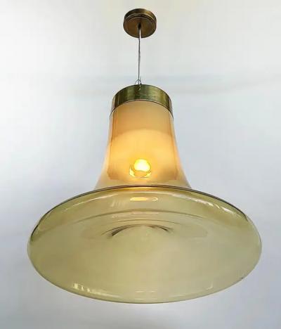 Murano Mid century Brass Glass Bell Shaped Pendant Light Fixture
