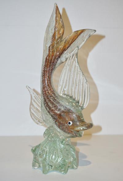 Murano Sommerso Amber and Silver Flecks Art Glass Fish Sculpture