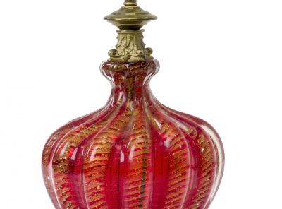 Murano deep ruby and gold flake glass spectacular pair of lamp