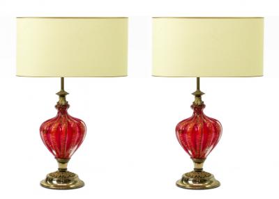 Murano deep ruby and gold flake glass spectacular pair of lamp