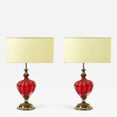 Murano deep ruby and gold flake glass spectacular pair of lamp