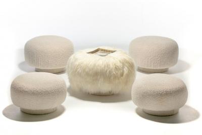 Mushroom Swivel Top Post Modern Style Ottoman Pouf in Ivory White Boucl 