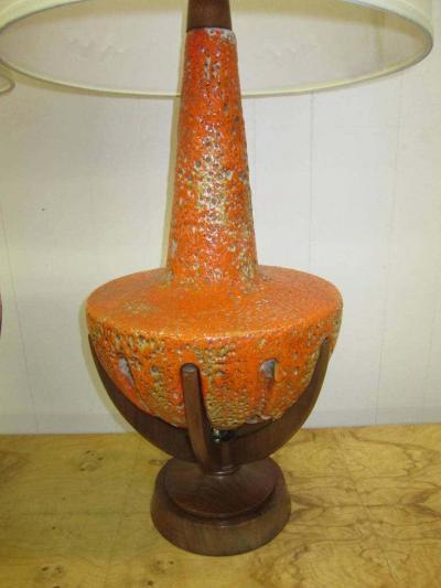 Mutual Sunset Lamp Co Amazing Pair of Thick Lava Glaze Orange Ceramic Lamps with Walnut Finger Bases