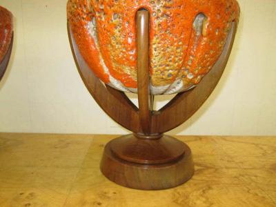Mutual Sunset Lamp Co Amazing Pair of Thick Lava Glaze Orange Ceramic Lamps with Walnut Finger Bases