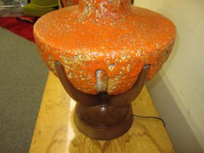 Mutual Sunset Lamp Co Amazing Pair of Thick Lava Glaze Orange Ceramic Lamps with Walnut Finger Bases
