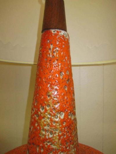 Mutual Sunset Lamp Co Amazing Pair of Thick Lava Glaze Orange Ceramic Lamps with Walnut Finger Bases