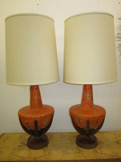 Mutual Sunset Lamp Co Amazing Pair of Thick Lava Glaze Orange Ceramic Lamps with Walnut Finger Bases