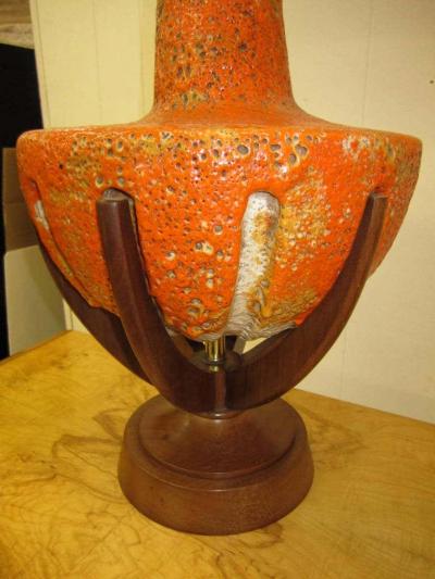 Mutual Sunset Lamp Co Amazing Pair of Thick Lava Glaze Orange Ceramic Lamps with Walnut Finger Bases
