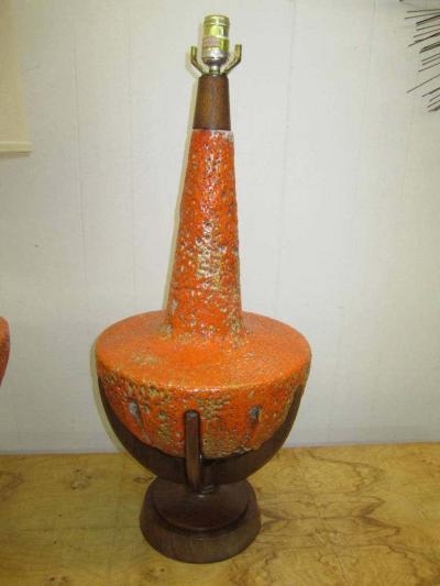 Mutual Sunset Lamp Co Amazing Pair of Thick Lava Glaze Orange Ceramic Lamps with Walnut Finger Bases