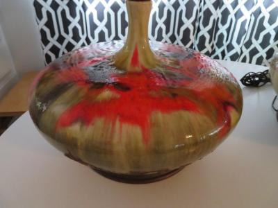 Mutual Sunset Lamp Co Magnificent Pair of Orange Oversized Squatty Danish Lava Drip Glaze Lamps Modern