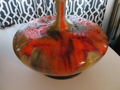 Mutual Sunset Lamp Co Magnificent Pair of Orange Oversized Squatty Danish Lava Drip Glaze Lamps Modern
