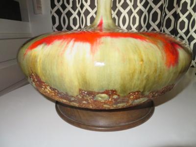 Mutual Sunset Lamp Co Magnificent Pair of Orange Oversized Squatty Danish Lava Drip Glaze Lamps Modern