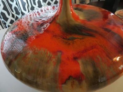 Mutual Sunset Lamp Co Magnificent Pair of Orange Oversized Squatty Danish Lava Drip Glaze Lamps Modern
