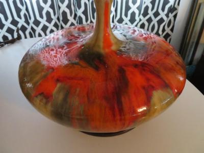 Mutual Sunset Lamp Co Magnificent Pair of Orange Oversized Squatty Danish Lava Drip Glaze Lamps Modern