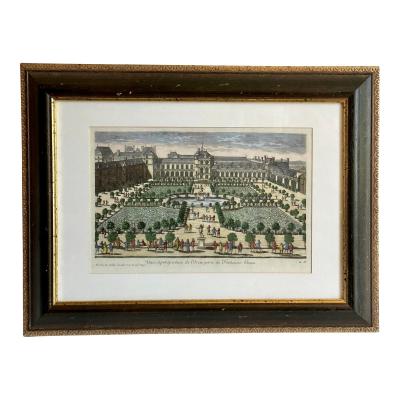 N De Poilly Hand Colored Print of the Gardens at L Orangerie De Fontaine Bleu