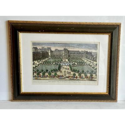 N De Poilly Hand Colored Print of the Gardens at L Orangerie De Fontaine Bleu