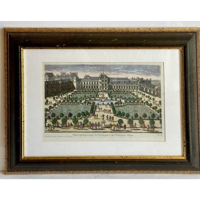 N De Poilly Hand Colored Print of the Gardens at L Orangerie De Fontaine Bleu