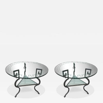 NEO CLASSICAL MODERNIST BLACK GILT IRON SIDE TABLES CARVED GREEK KEY GLASS