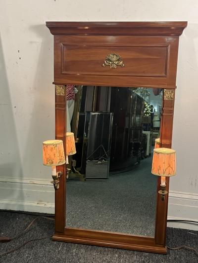 NEO CLASSICAL TRUMEAU MIRROR WITH ATTACHED BRONZE SCONCES