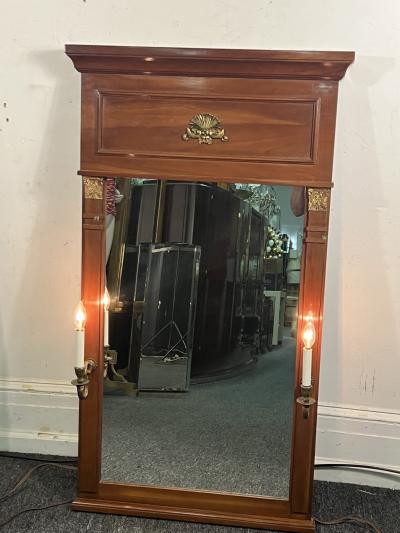 NEO CLASSICAL TRUMEAU MIRROR WITH ATTACHED BRONZE SCONCES
