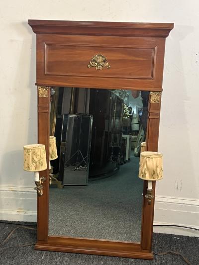NEO CLASSICAL TRUMEAU MIRROR WITH ATTACHED BRONZE SCONCES