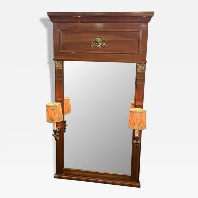 NEO CLASSICAL TRUMEAU MIRROR WITH ATTACHED BRONZE SCONCES