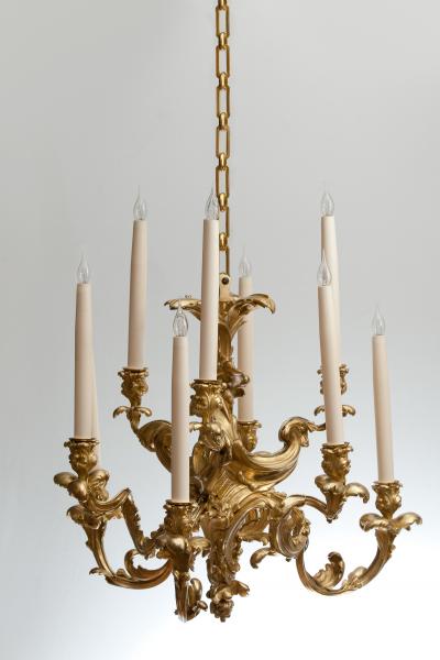 NINE ARM ROCOCO GILT BRONZE FINELY INCISED CHANDELIER