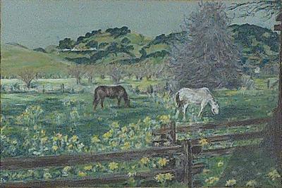 Na ve Painting of Horses in a Field U S A circa 1920