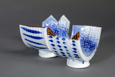Nakashima Katsunori Pair of Japanese Blue and White Abstract Form Dishes by Nakashima Katsunori