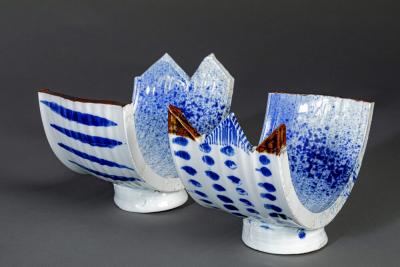 Nakashima Katsunori Pair of Japanese Blue and White Abstract Form Dishes by Nakashima Katsunori