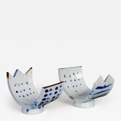 Nakashima Katsunori Pair of Japanese Blue and White Abstract Form Dishes by Nakashima Katsunori