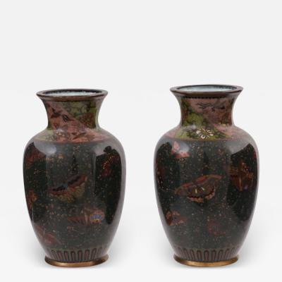 Namikawa Yasuyuki A Pair of Meiji Japanese Cloisonne Enamel Goldstone Butterfly Vases