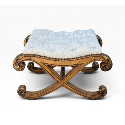 Nancy Corzine 18c Style Regency Giltwood Tufted Cut Velvet Footstool Ottoman X Bench