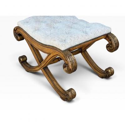 Nancy Corzine 18c Style Regency Giltwood Tufted Cut Velvet Footstool Ottoman X Bench