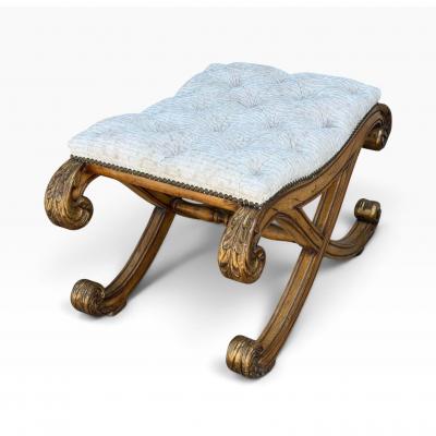 Nancy Corzine 18c Style Regency Giltwood Tufted Cut Velvet Footstool Ottoman X Bench