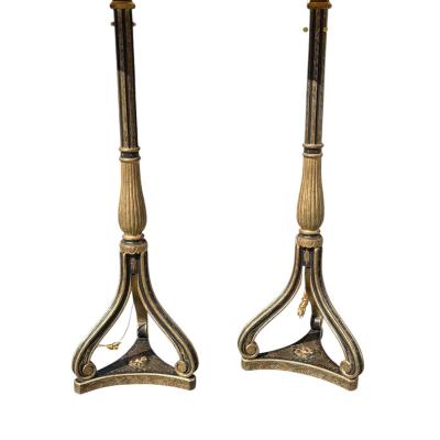 Nancy Corzine 1990s Regency Style Nancy Corzine Black Gold Floor Lamps a Pair