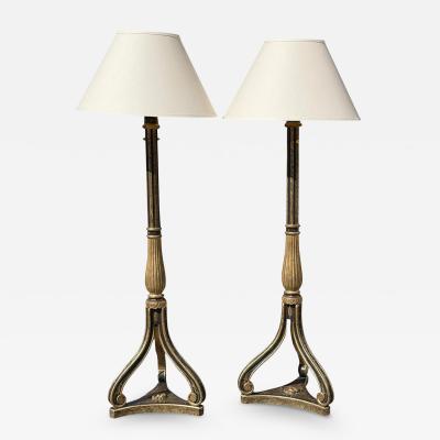 Nancy Corzine 1990s Regency Style Nancy Corzine Black Gold Floor Lamps a Pair